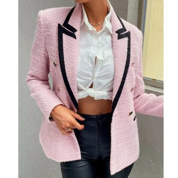 stunning classic Pink tweed double breasted blazer with black trim - Picture 6 of 14